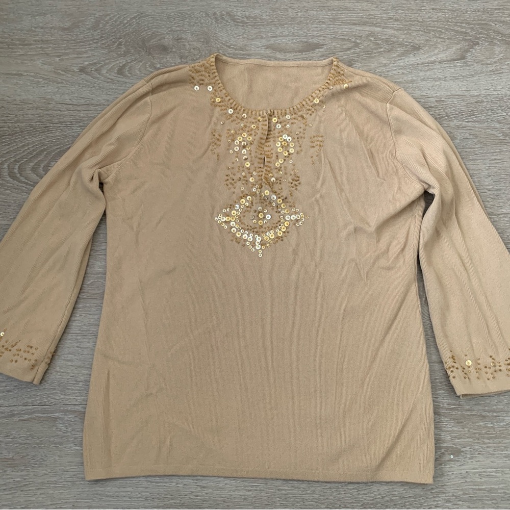Tan Beaded Long Sleeve Top Size S - Picture 1 of 6